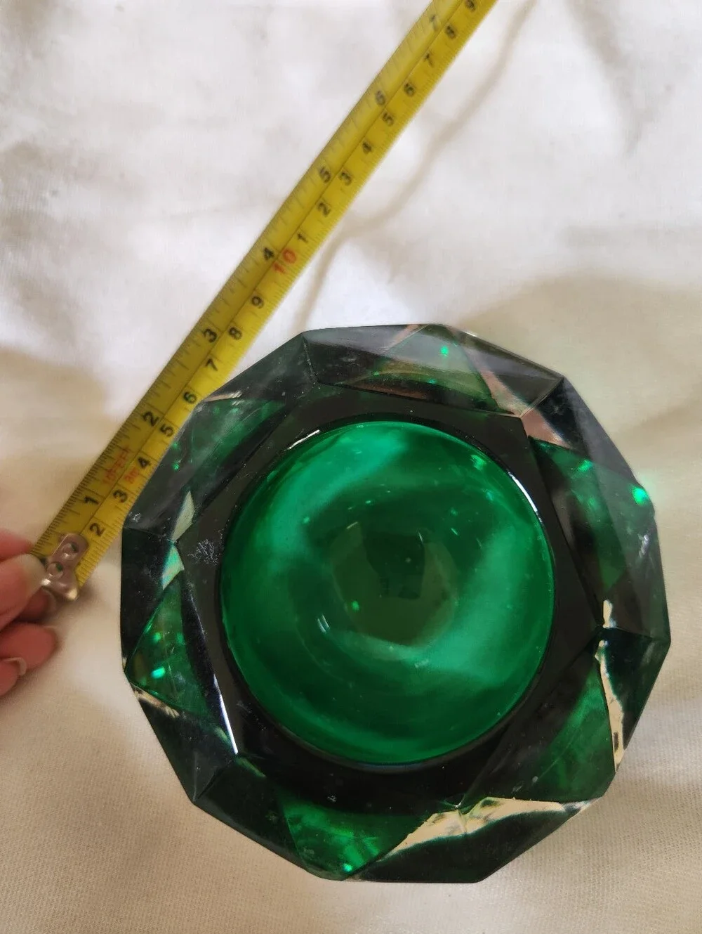 Vintage Emerald Green Faceted Glass Candle Holder Trinket Dish Gemstone Ash Tray